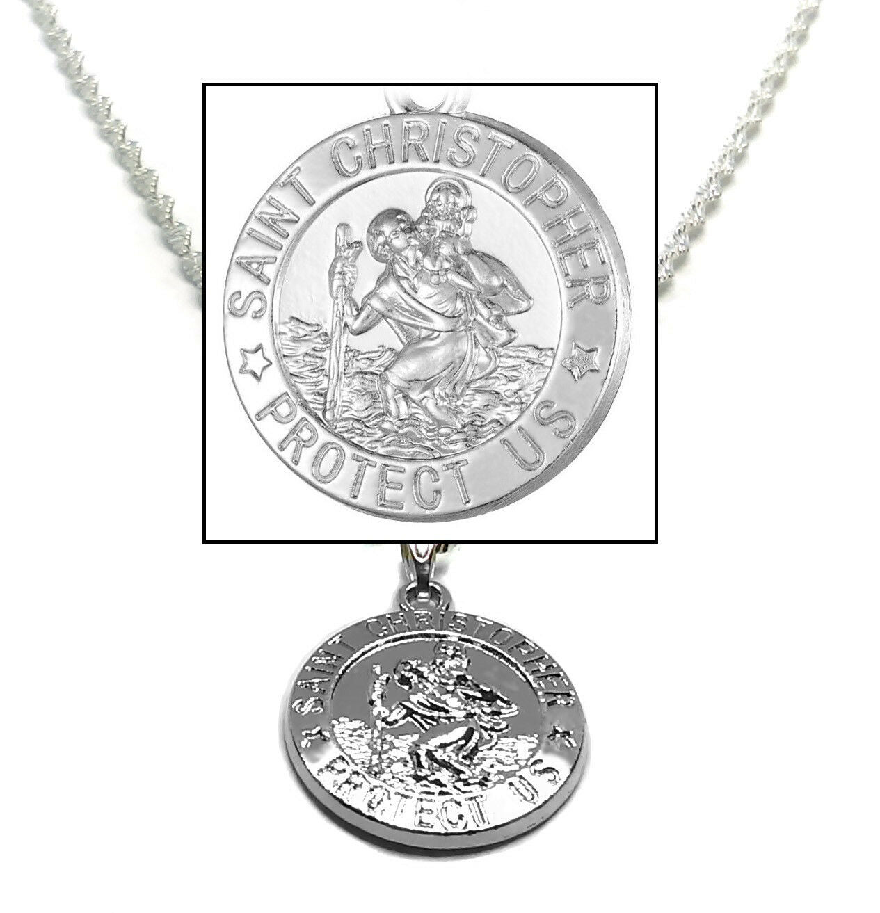 925 Sterling Silver Womens Snake Link Chain Necklace And St. Saint Christopher