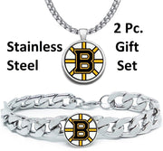 Large Boston Bruins Mens 2 Pc Gift Set Hockey  Necklace With Bracelet D4D30