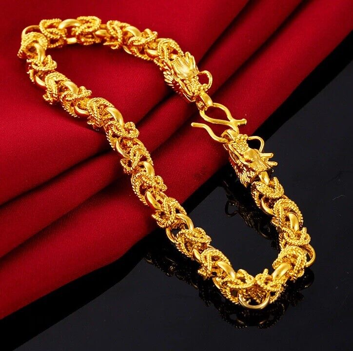 18k Yellow Gold Men's Large 8.5" Inch Dragon Link Chain Bracelet w Gift Pkg D731