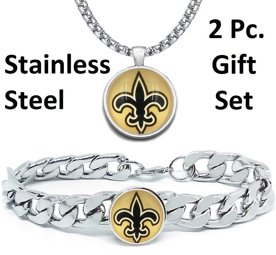 Large New Orleans Saints Mens Gift Set Stainless 24" Necklace Bracelet D4D30