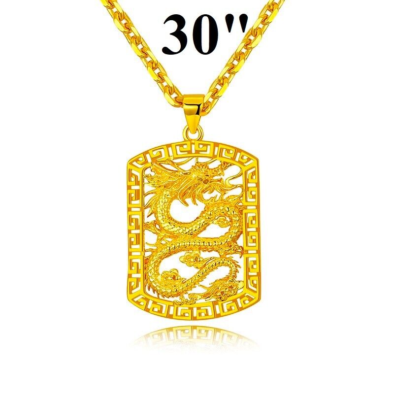 3 Sizes 18k Yellow Gold Mens Dragon Pendant Chain Link Necklace 20" 24" 30" D662