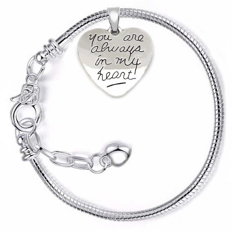 Mothers Day 925 Sterling Silver Womens Love Link 7.5" Bracelet In My Heart Charm