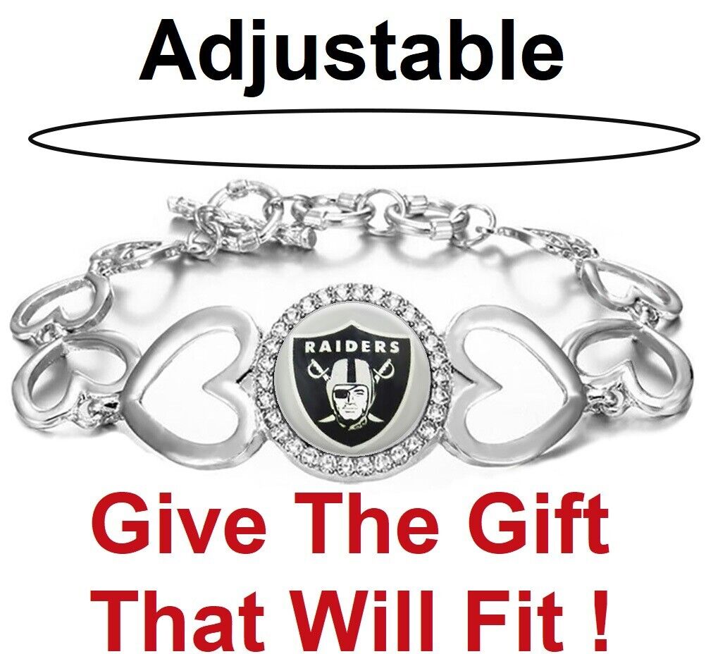 Las Vegas Raiders Womens Silver Heart Link Adjust. Bracelet W Gift Pkg D27