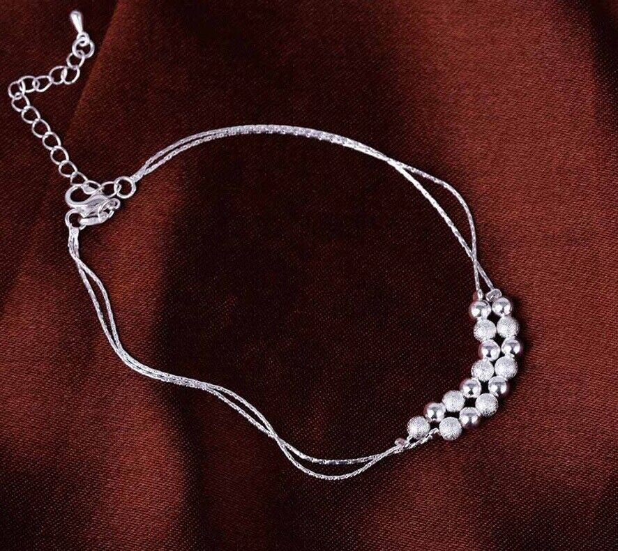 925 Sterling Silver Womens Bead Chain Adjustable Anklet Ankle Bracelet D670