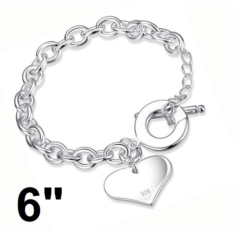 925 Sterling Silver Chain Link Heart Bracelet Womens Kids Large 5"- 7"- 8" D483B