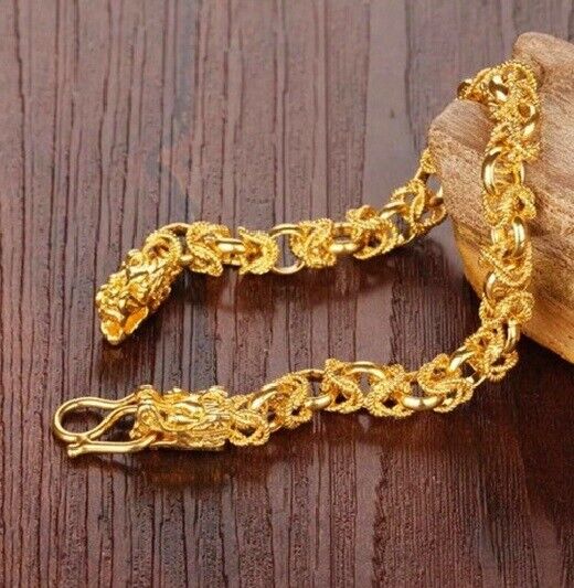 18k Yellow Gold Mens Dragon 10mm Wide Link Chain 8" Bracelet w GiftP D731