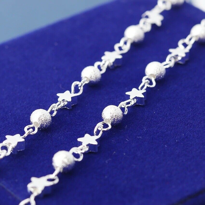 925 Sterling Silver Womens Link Beaded Adjustable Anklet Ankle Bracelet D578B