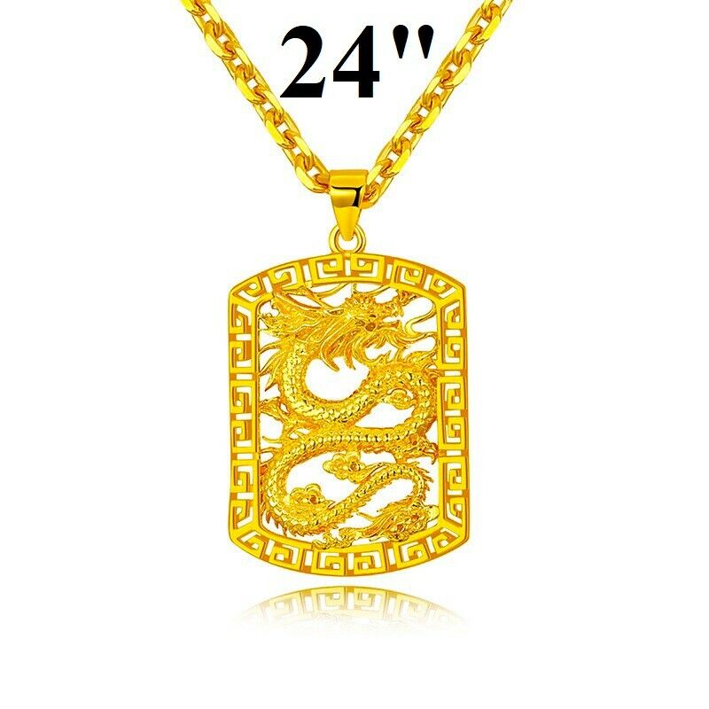 3 Sizes 18k Yellow Gold Mens Dragon Pendant Chain Link Necklace 20" 24" 30" D662