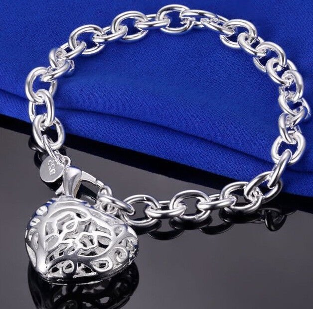 925 Sterling Silver Chain Heart Bracelet Womens And Kids Size 6" 7" 7.5" 8" D473