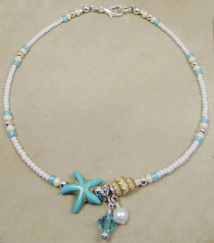 Starfish Adjustable Anklet Ankle Bracelet Shell Pearl Beads Dangle Crystal D589