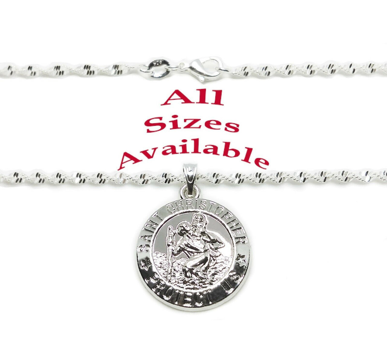 925 Sterling Silver Womens Snake Link Chain Necklace And St. Saint Christopher