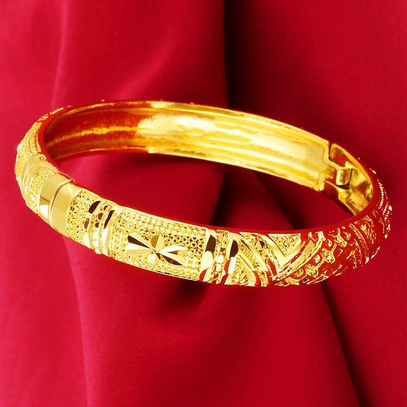 Womens Opening 24k Yellow Gold 7" Bracelet Bangle Wide Italian Cut w GiftPg D808