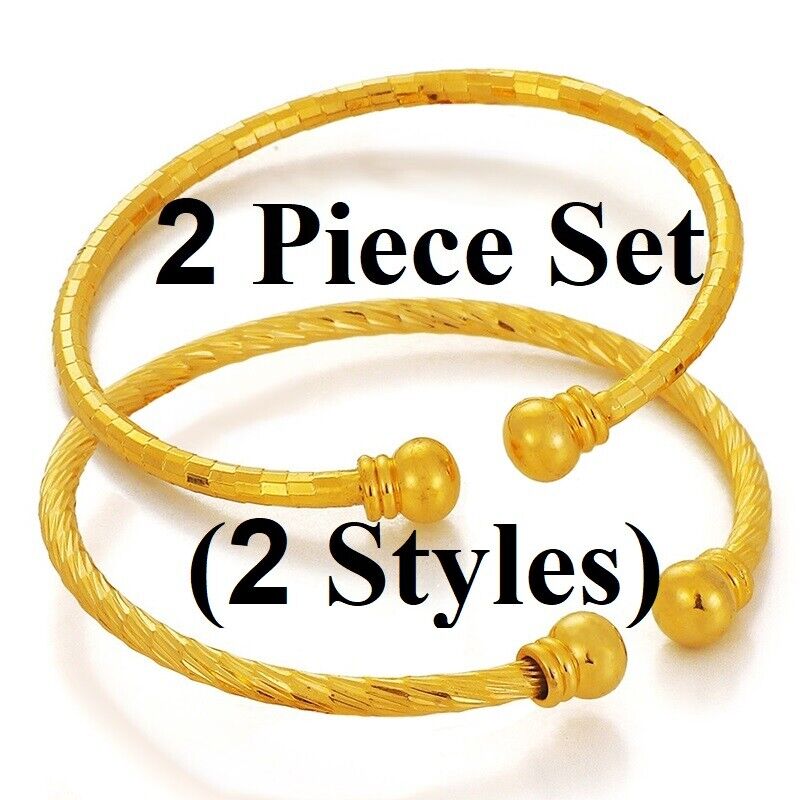 2 Pc 18k Yellow Gold Womens Small 6.25" to 7.25" Adjustable Cuff Bangles D950