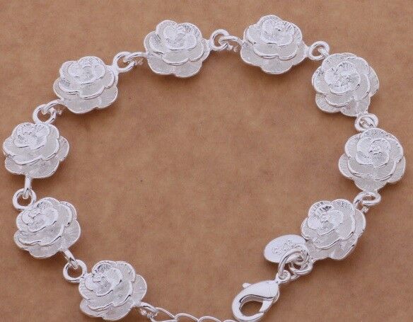 Mothers Day 925 Sterling Silver Womens Flower Links Chain Bracelet D455C