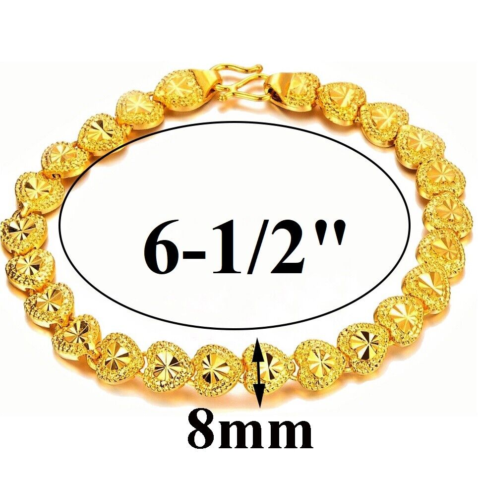 24k Yellow Gold Kids Girls Link Chain Hearts Bracelet Small 4.5" 5" 5.5" 6" 6.5