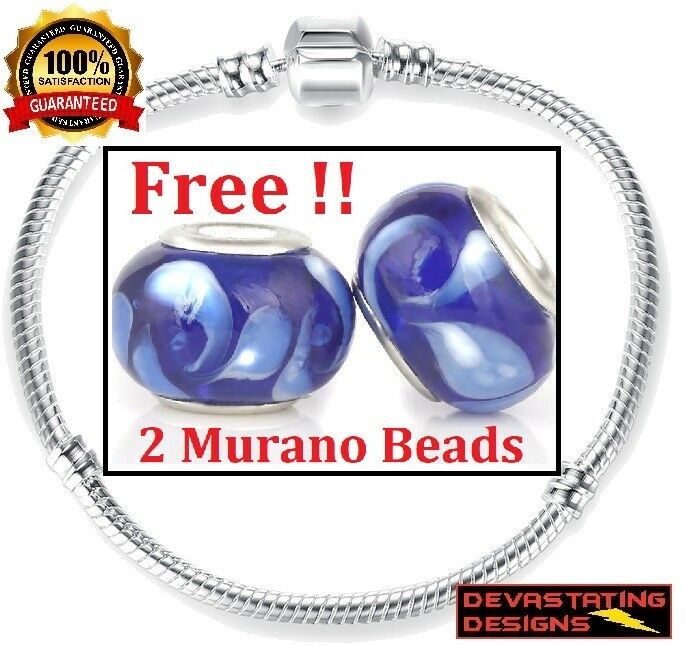 Mother's Day 925 Sterling Silver Barrel Clasp Bracelet And 2 Murano Glass Beads