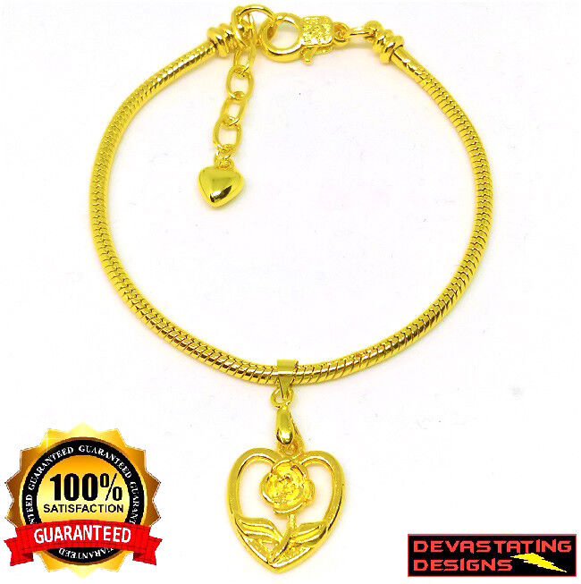 Mother's Day 24k Yellow Gold Snake Chain Bracelet Womens Rose Love Heart