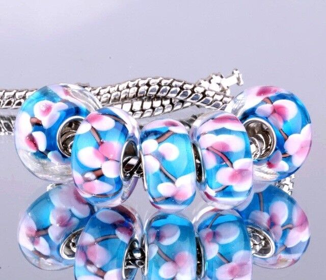 Mother's Day 925 Sterling Silver Bracelet 5 Blue & Pink Floral Murano Beads D92