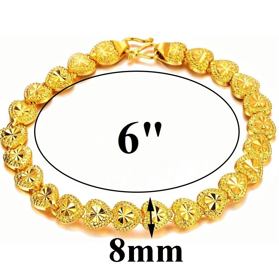 24k Yellow Gold Kids Girls Link Chain Hearts Bracelet Small 4.5" 5" 5.5" 6" 6.5