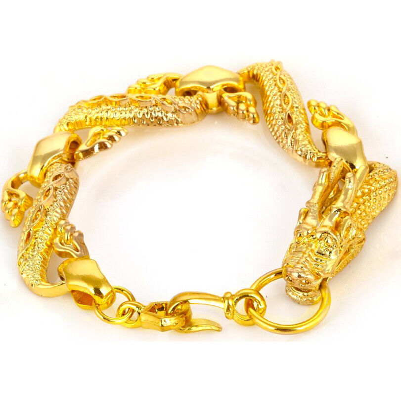 Mens Large 8-1/4" 18k Yellow Gold Dragon 10mm Link Chain Bracelet w Gift Pk D215