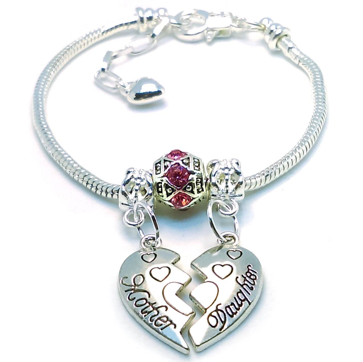 Mothers Day 925 Sterling Silver Mother Daughter Red-Pink Crystal Bracelet