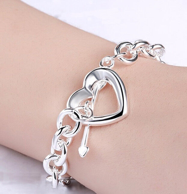 925 Sterling Silver Heart And Arrow Women's Bracelet +Free GiftPkg D129A