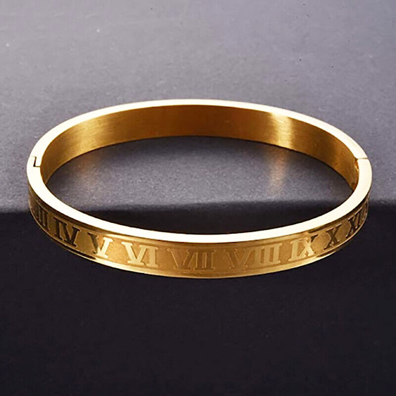18k Gold 7" Womens Roman Numbers Oval Style Opening 8mm Bracelet Bangle D989