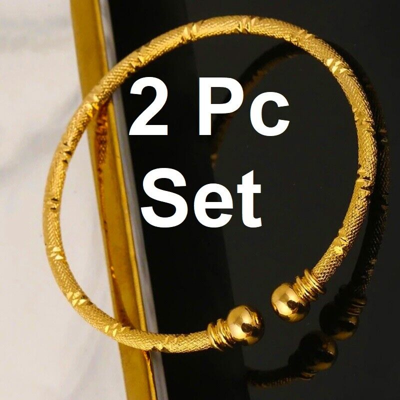 2 Pc 18k Yellow Gold Womens Large 7" to 8" Adjustable Cuff Bangles w GiftPg D712