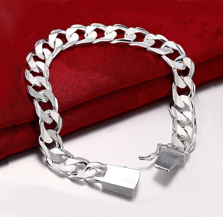 925 Sterling Silver Womens Wide 10mm Bold 8" Chain Link Bracelet D481