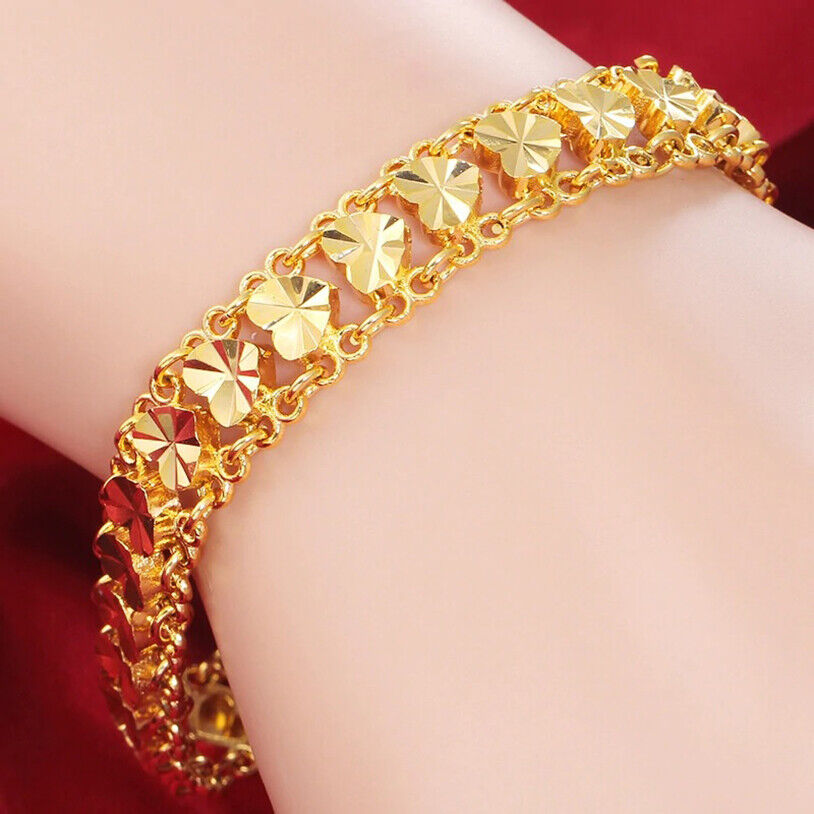 24k Yellow Gold Hearts Chain Link Bracelet Women's 7-1/2" 7.5" w Gift Pkg D741