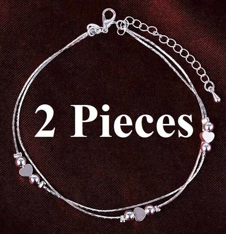 2PcSet 925 Sterling Silver Chain 8" To 9-1/2" Bead Hearts Anklet Bracelet D671