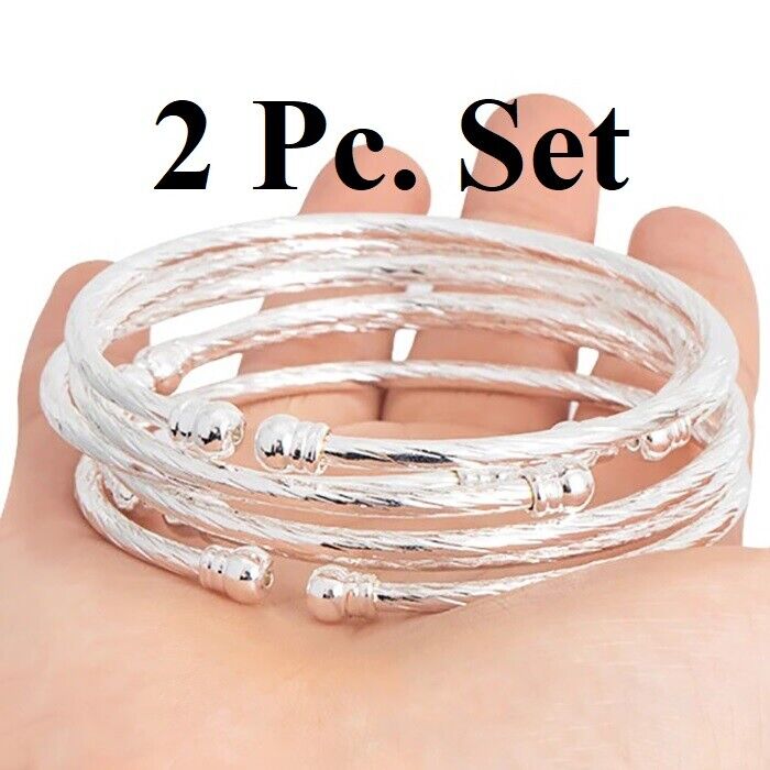 2Pc Sterling Silver Womens Large 7" to 8" Adjustable Cuff Bangle Bracelets D768