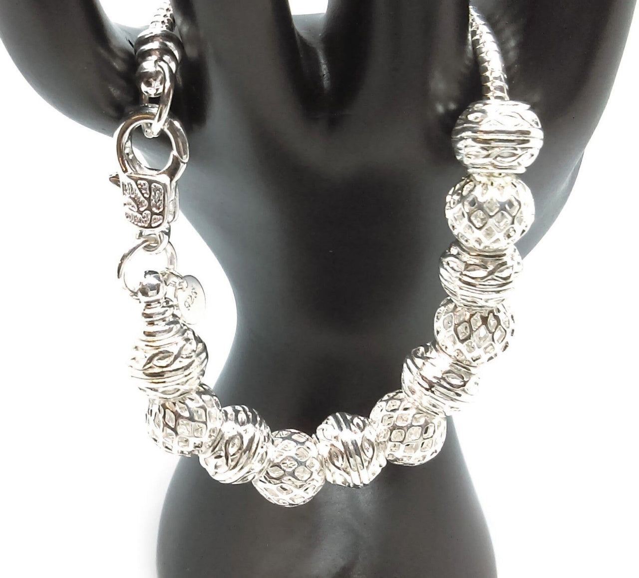 925 Sterling Silver Snake Chain Link 7" Bracelet And Elegant Beads + GiftPkg