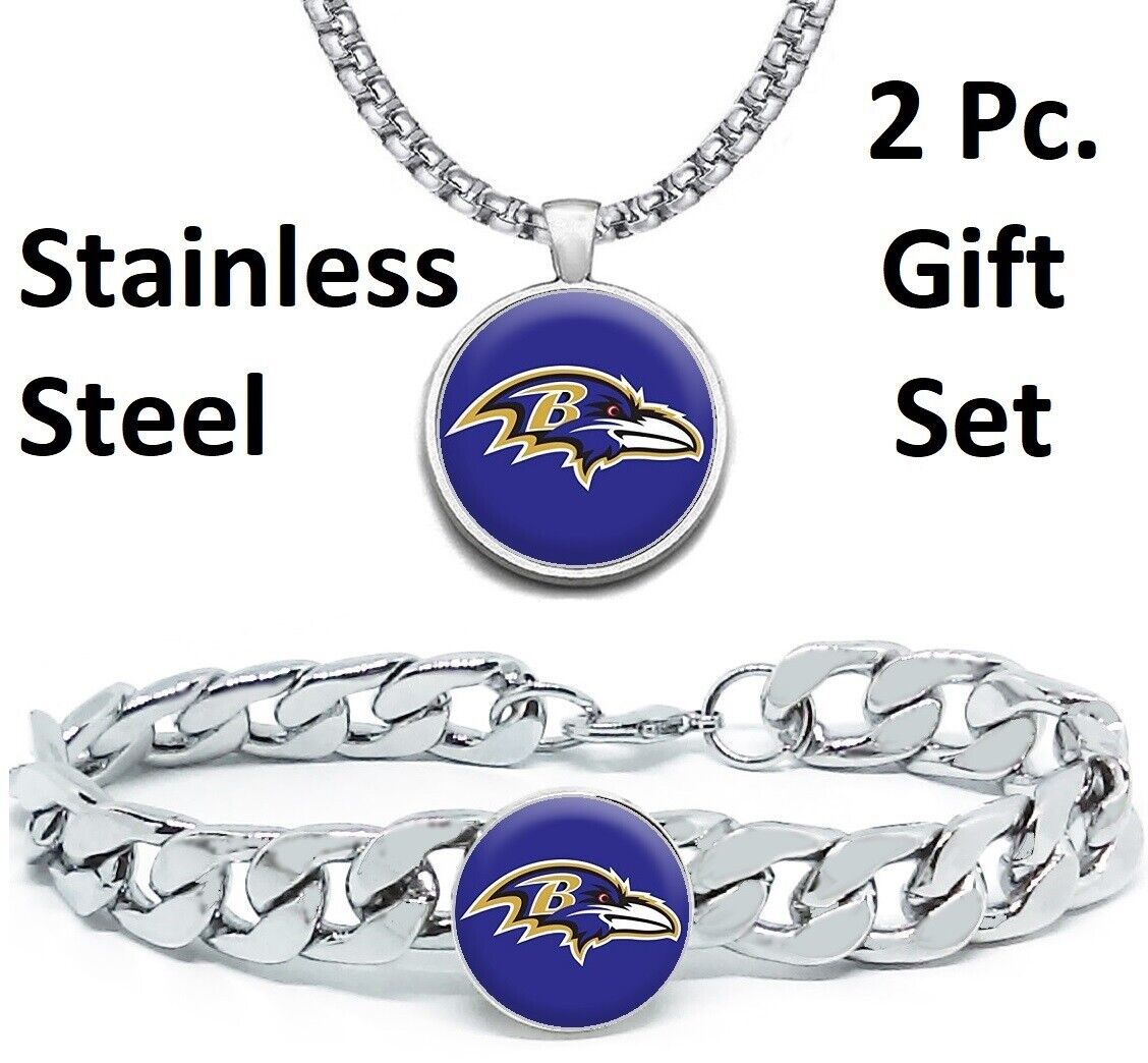 Large Baltimore Ravens Mens Gift Set Stainless 24" Necklace Bracelet D4D30