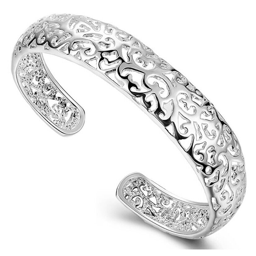 925 Sterling Silver 7" Small Hearts Design Womens 13mm Bangle wGiftPkg D171A