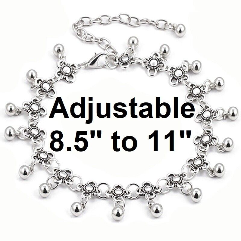 Silver Women's Flower Dangle Beads Adjustable Chain Anklet Ankle Bracelet D592