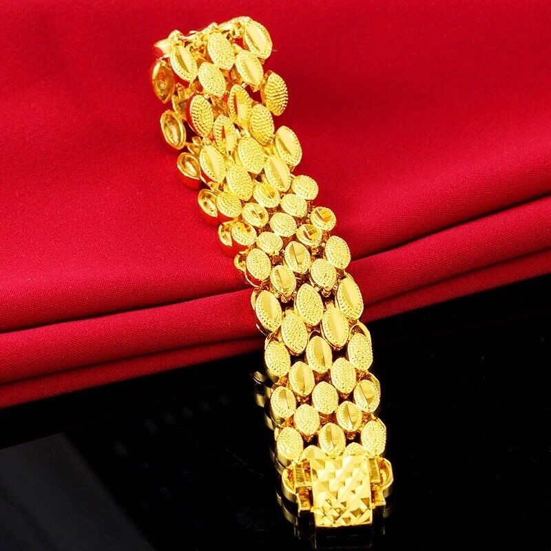 24k Yellow Gold Mens Womens Wide Link Bracelet 6" 7" 7.5" 8" 8.5" 9" Inch D804