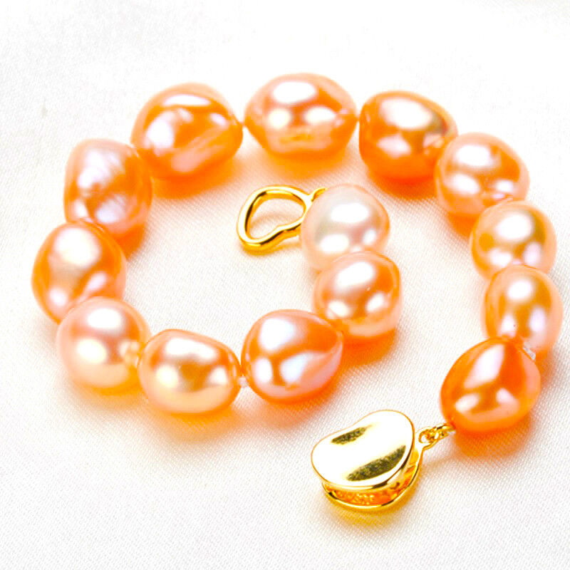 18k Yellow Gold And Pink Akoya Cultured 9-10MM Baroque Pearl Bracelet AAA D605