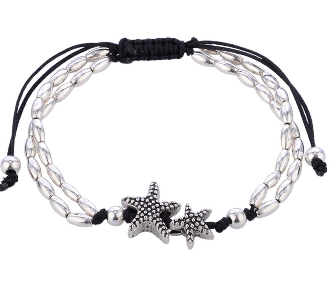 Women's Black Starfish Silver Beaded Chain Adjustable Anklet Ankle Bracelet D585