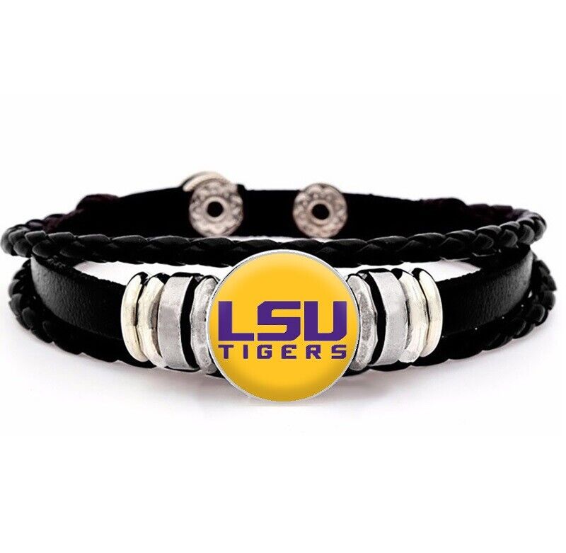 Yellow Lsu Tigers Mens Womens Black Leather Bracelet W Giftpk D14