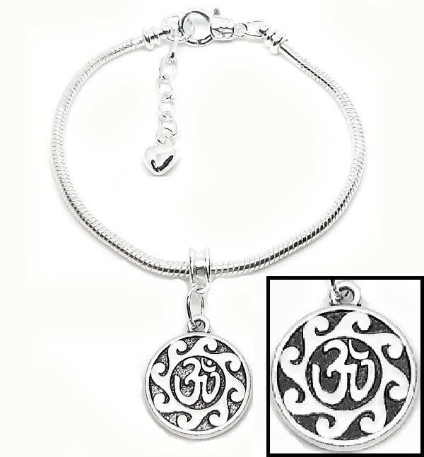 925 Sterling Silver Elegant Snake Link Chain Bracelet And Peace Yoga Heart Charm