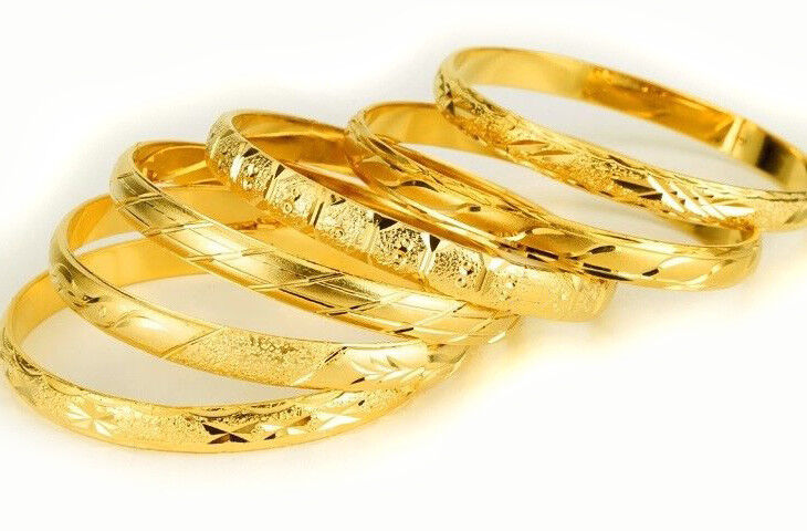 6 Piece Set 18k Yellow Gold Bracelets Bangles Women's Elegant Italian Cut D415D