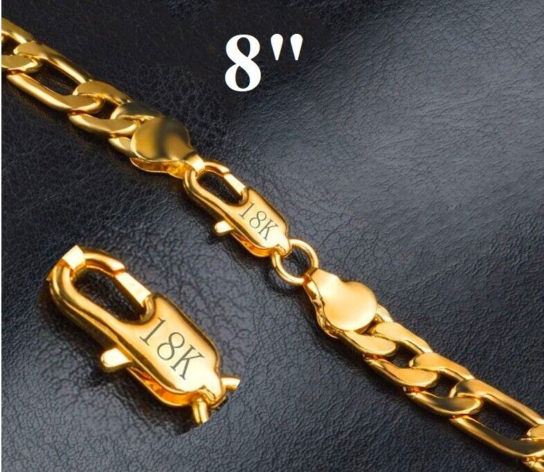 18k Gold Mens Figaro Link Chain Bracelet Large Size 7" 8.5" 9" 9.5" 10" Inch