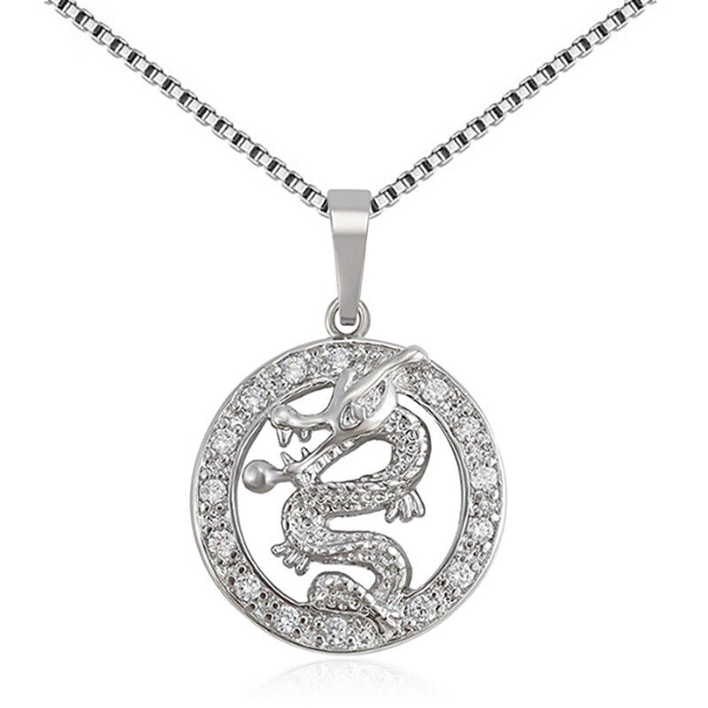 Women's Men's 925 Sterling Silver CZ Dragon Pendant Chain Link Necklace D336