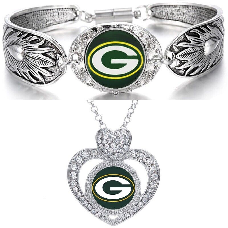 Valentines 2Pc Green Bay Packers Womens Sterling Silver Necklace Bracelet Set