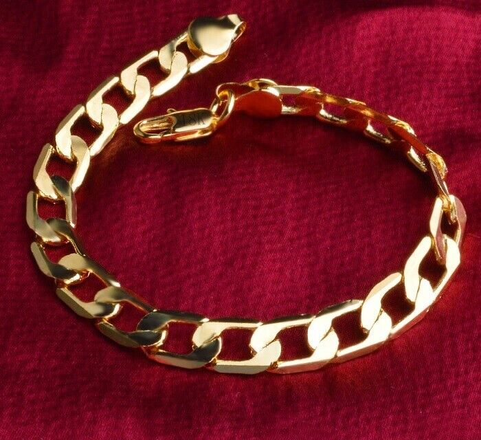 18k Yellow Gold Men's Stylish Wide Curb Link Chain Bracelet w Gift Pkg D9631