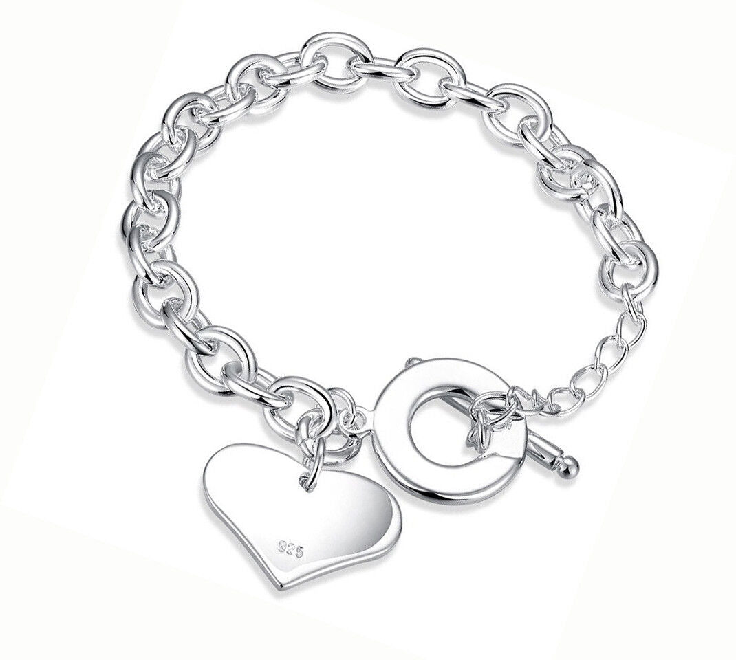 925 Sterling Silver Womens Love Heart Small 7" Bracelet Bangle  wGiftPg D483A