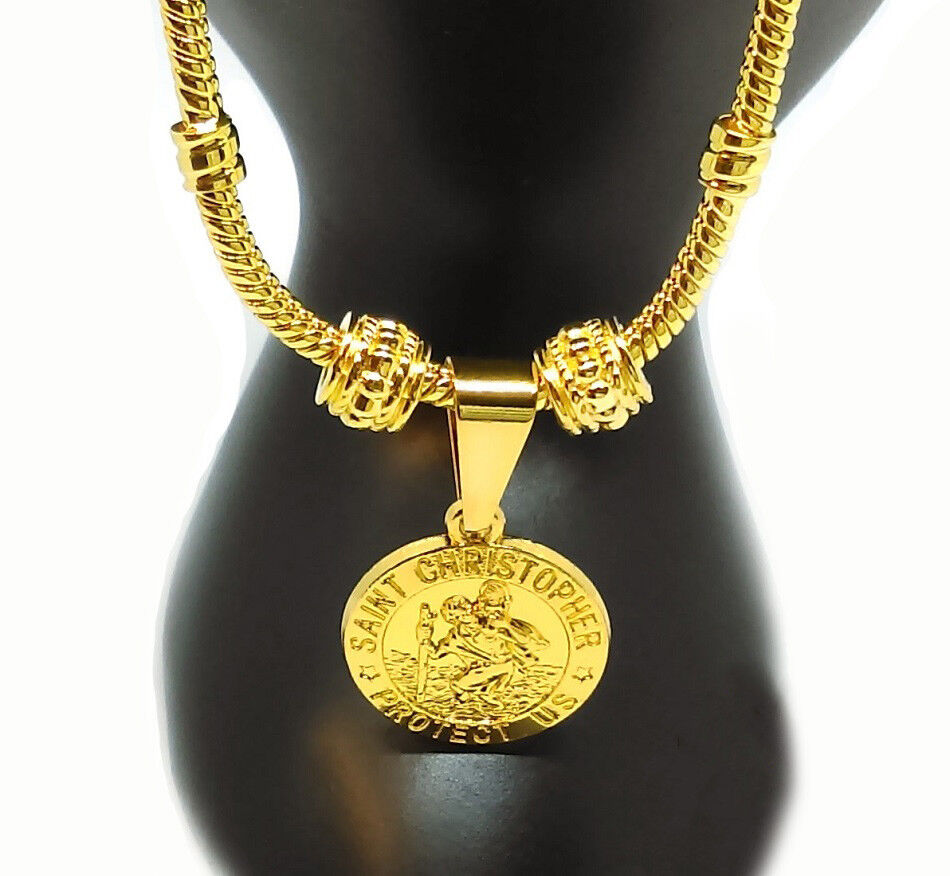 24k Yellow Gold Womens Snake Chain Bracelet Bangle - Saint Christopher + GiftPkg