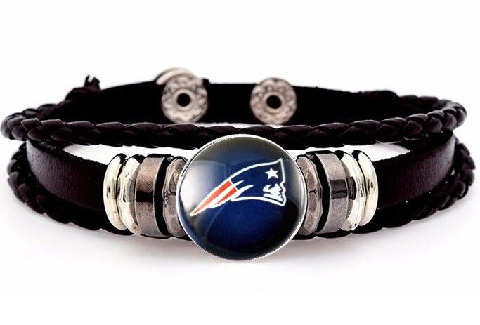 New England Patriots Mens Womens Black Leather Bracelet Football + Giftpg D14-1