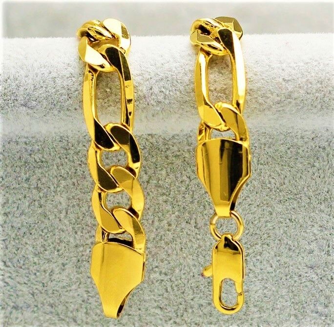 18k Gold Bracelets Men's Figaro Wide Cuban Chain Link +Gift Pouch D471